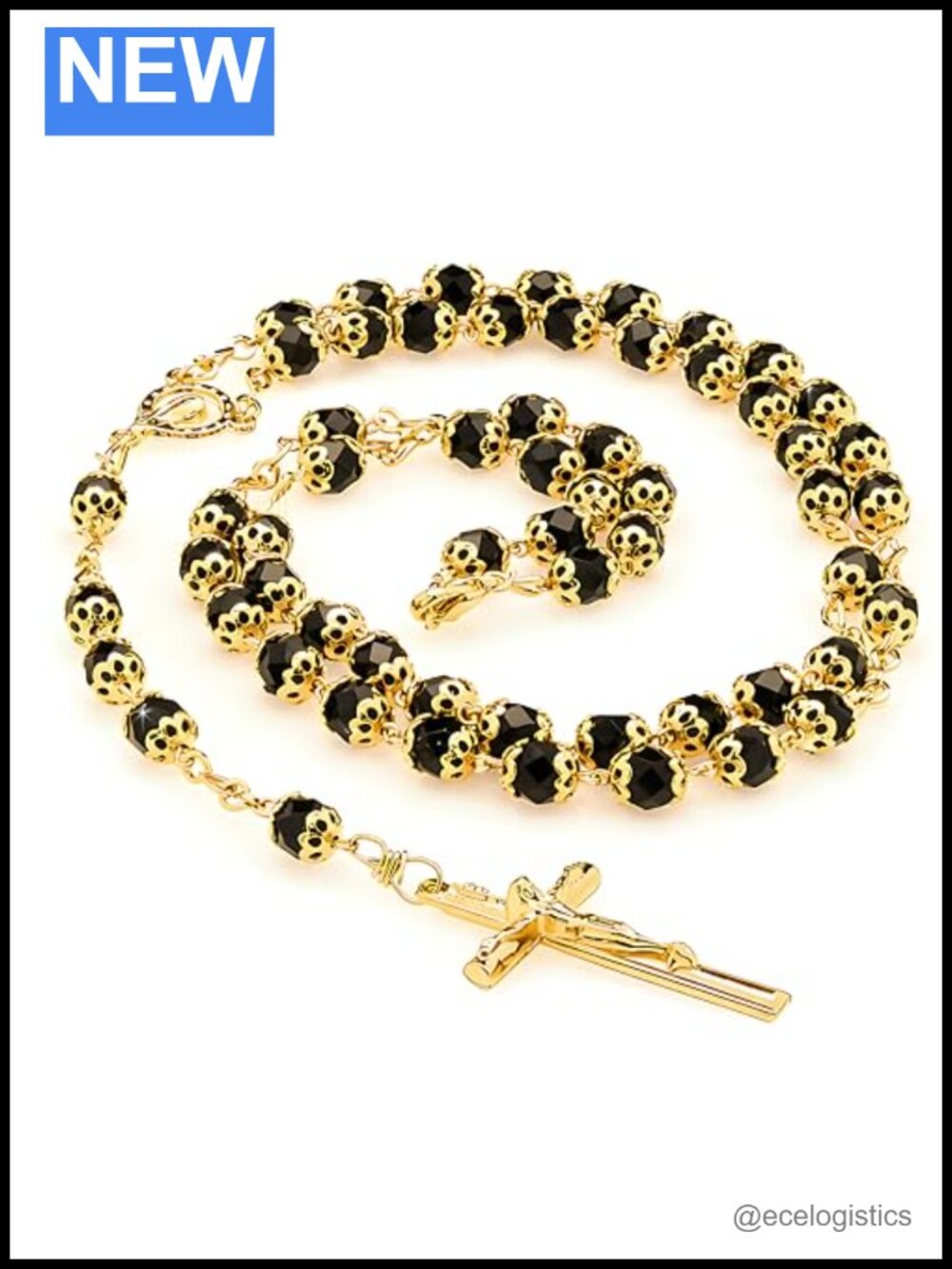 24K Gold Plated Rosary Necklace Catholic Crucifix Black Crystal Prayer Beads